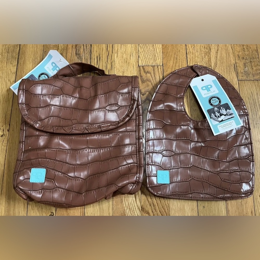 Posh Play Faux Leather Retile Baby Bib and Pouch Brown Wipeable NEW